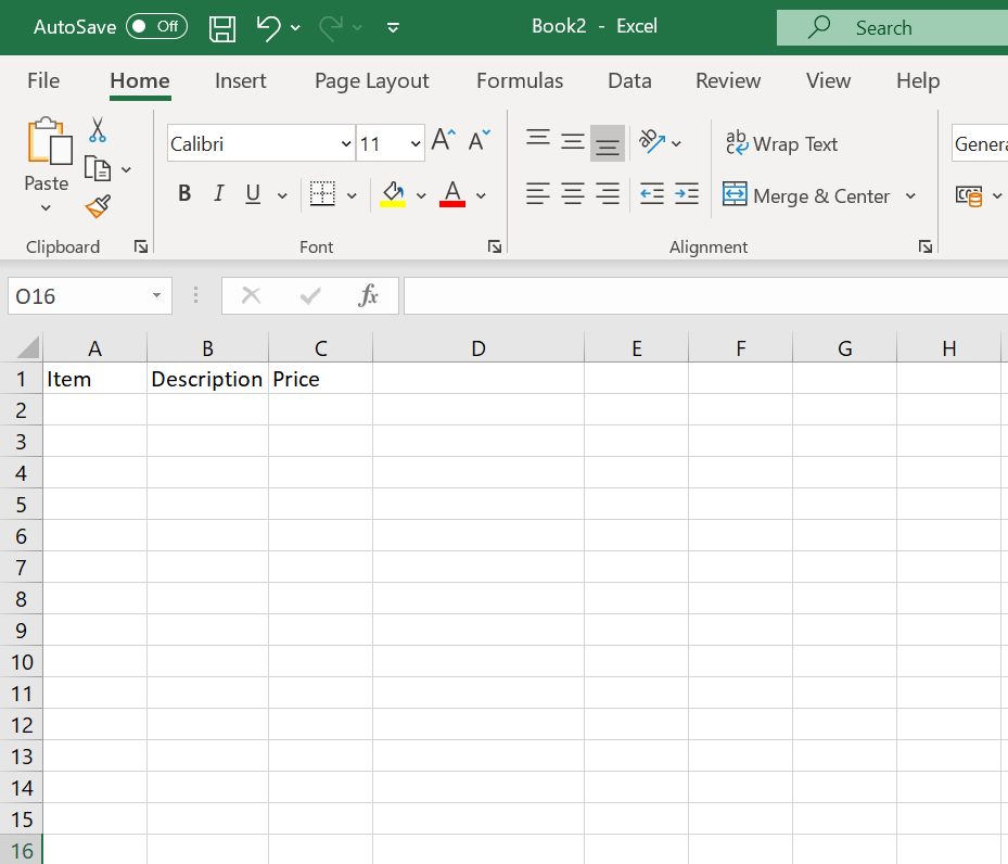 Excel price column screenshot