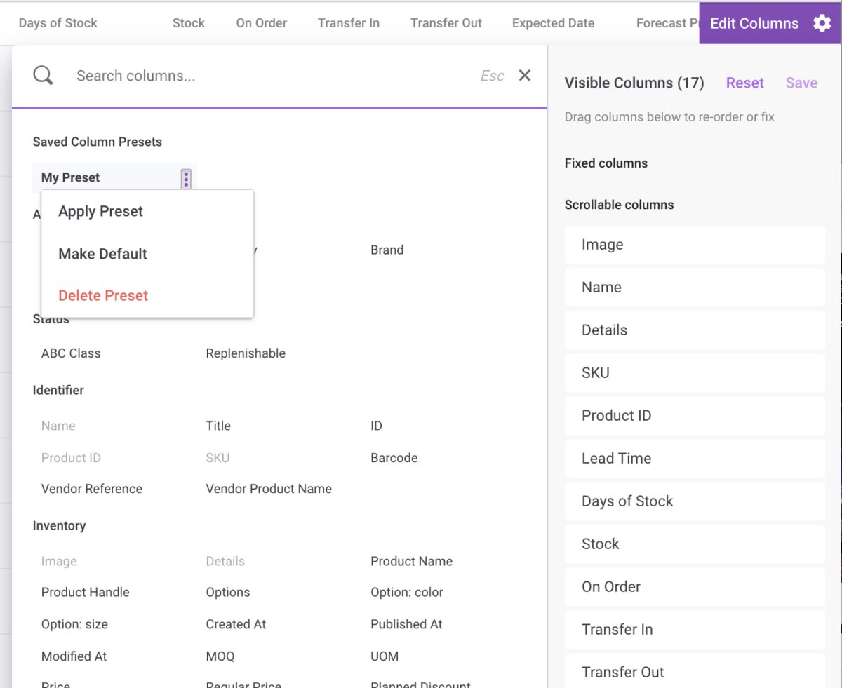 Inventory Planner column presets