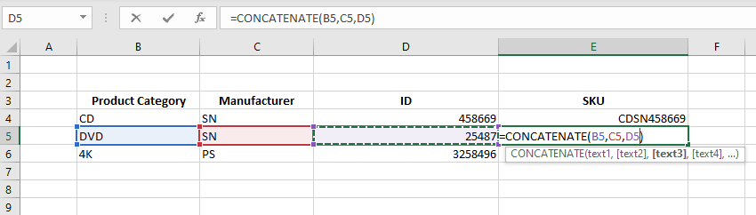 Screenshot showing the CONCATENATE formula in Excel