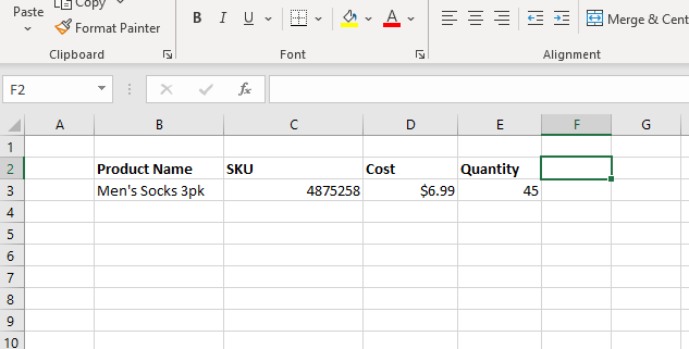 Screenshot showing categories on a simple inventory management Excel spreadsheet