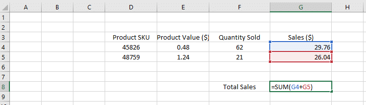 Screenshot of SUM formula to calculate sales totals