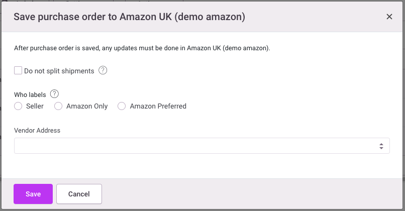 Inventory purchase order to an Amazon warehouse