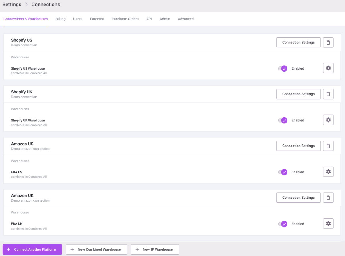 Inventory Planner connections and warehouses