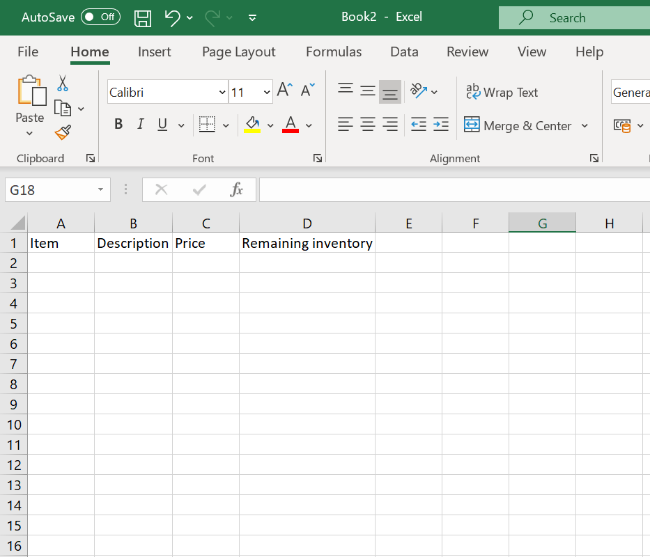 Screenshot Excel remaining inventory